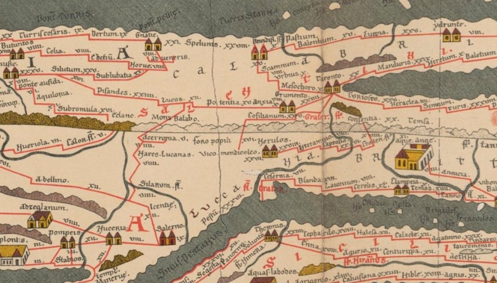 Close-up of a nineteenth century copy of the Peutinger Table - 'Lucos' is visible to the left of 'Potentia'